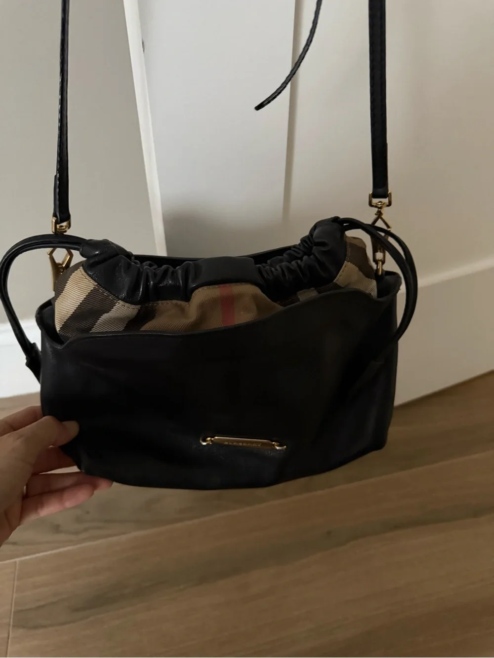 Burberry Black Leather Crossbody with Classic Check Accent